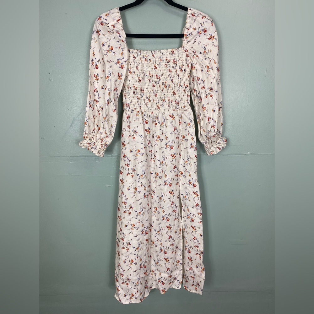 Reformation Gitane Linen Midi Dress Floral Smocked Long Sleeve Sz XS